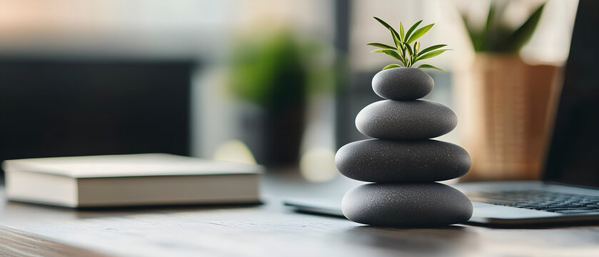 pile of stones standing on the desk, next to laptop as a zen symbol, work-life balace, staying calm and focused on tasks to do; widescreen banner with copy space