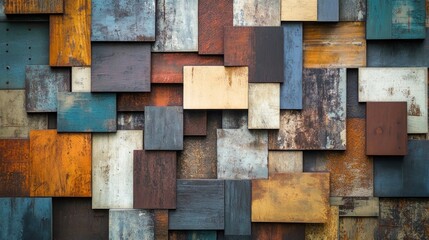 A textured wall composed of various colored wooden panels arranged in a patchwork design.