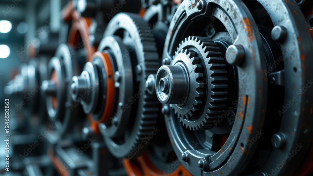Poster this image features a close-up view of industrial machinery with numerous gears, showing intricate m