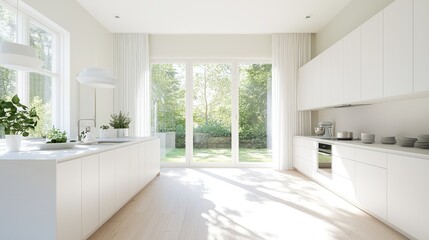 Modern white kitchen, garden view, sunlight, minimalist design, home decor