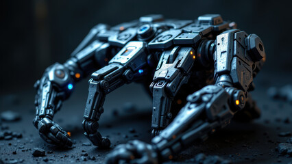 Futuristic industrial robot on metal surface with blue accents.