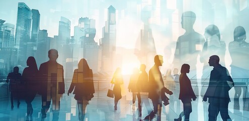Double exposure of a diverse group of business professionals with a light blue cityscape backdrop. Abstract business concept blending urban environment with people, with soft light rays and shadow 