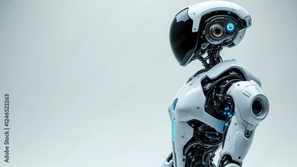 Poster futuristic humanoid robot with advanced technology features and white color scheme, standing against