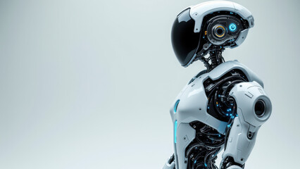 Futuristic humanoid robot with advanced technology features and white color scheme, standing against a gray background.
