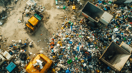 Aerial view of bustling recycling plant shows waste being sorted with automated machinery and heavy equipment. workers focus