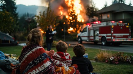 Family watches firefighters tackle flames engulfing their home while an insurance agent stands beside them on a curb