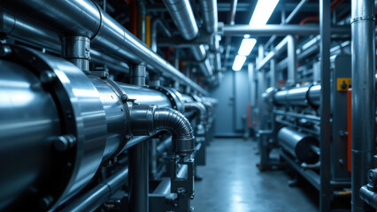 Fototapeta premium Industrial facility with metal pipes and large tanks on floor.