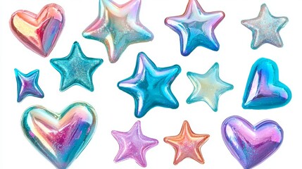 Assorted shimmering stars mixed with heart shapes in holographic textures, high-gloss finish, isolated on white