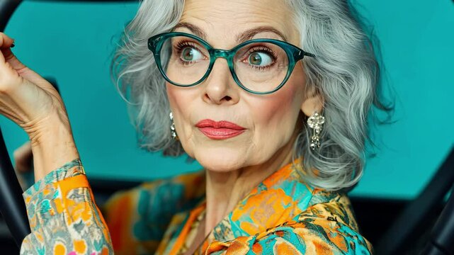 A woman in her fifties with gray hair and glasses drives with a surprised expression. The photo is colorful.