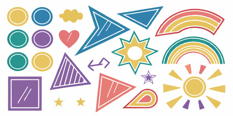 Colorful Hand-Drawn Geometric Shapes Set, Crayon Texture, Vector Illustration