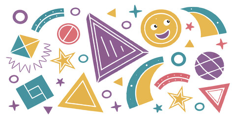 Colorful Hand-Drawn Geometric Shapes Set, Crayon Texture, Vector Illustration