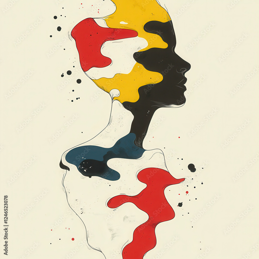 Poster an abstract representation of identity, blending colors and shapes to illustrate the complexity of h
