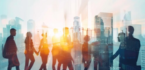 Double exposure of a diverse group of business professionals with a light blue cityscape backdrop. Abstract business concept blending urban environment with people, with soft light rays and shadow 