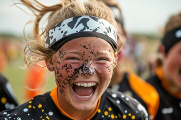A young adaptive soccer player celebrating after scoring a goal, their teammates joining in the excitement