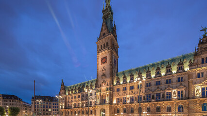 Building of the Hamburg City Hall day to night timelapse hyperlapse, the seat of the government of Hamburg, Germany