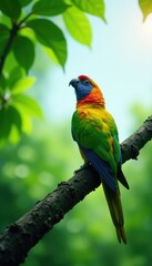 Parrot looking up at the sky on a lush green tree, tree, feathers