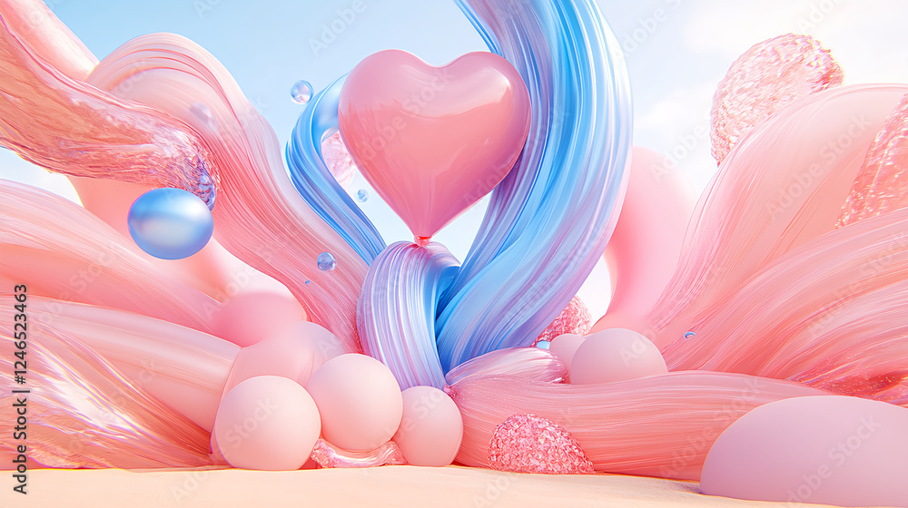 Poster dynamic heart shape creation 3d art design digital environment vibrant and colorful viewpoint