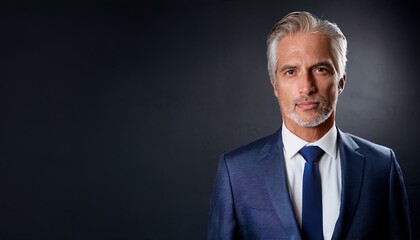 Executive senior businessman portrait. Middle aged financial director business man wearing suit and looking at camera while standing at dark background.