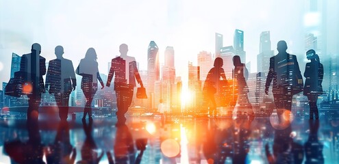Double exposure of a diverse group of business professionals with a light blue cityscape backdrop. Abstract business concept blending urban environment with people, with soft light rays and shadow