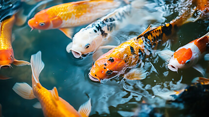 vibrant school of colorful koi fish swim gracefully beneath water surface, creating mesmerizing aquatic display with peaceful emotion