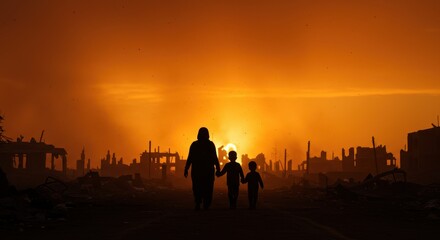 Fototapeta premium A silhouette of a woman walking with two small children through a war torn cityscape