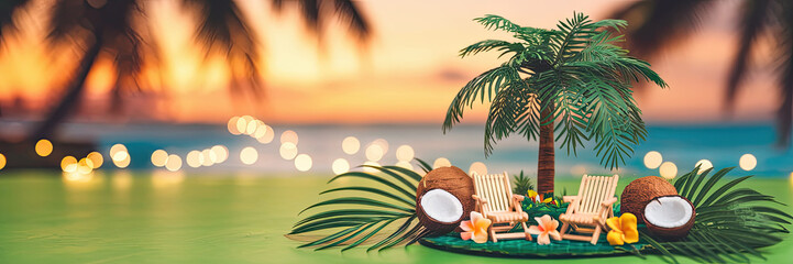 Obraz premium Tropical Sunset Beach Paradise Relaxing Coconuts Palm Trees Chairs