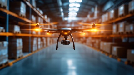 A drone powered by AI scanning inventory in a large industrial warehouse, with glowing lights highlighting specific sections