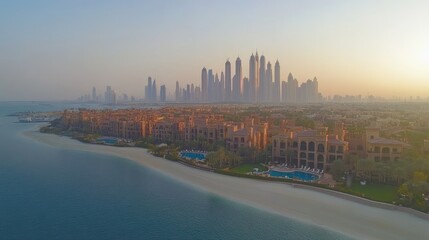 Naklejka premium Coastal city skyline at sunrise, beach, buildings.