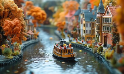 Miniature boat navigates through autumn-themed village landscape