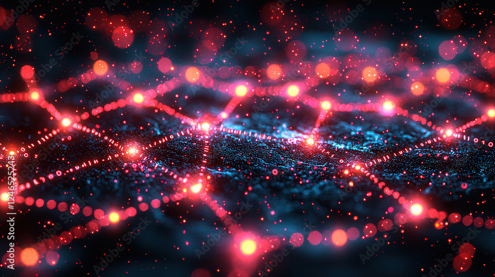 Poster a captivating abstract digital background featuring a network of glowing dots in red and blue, illus