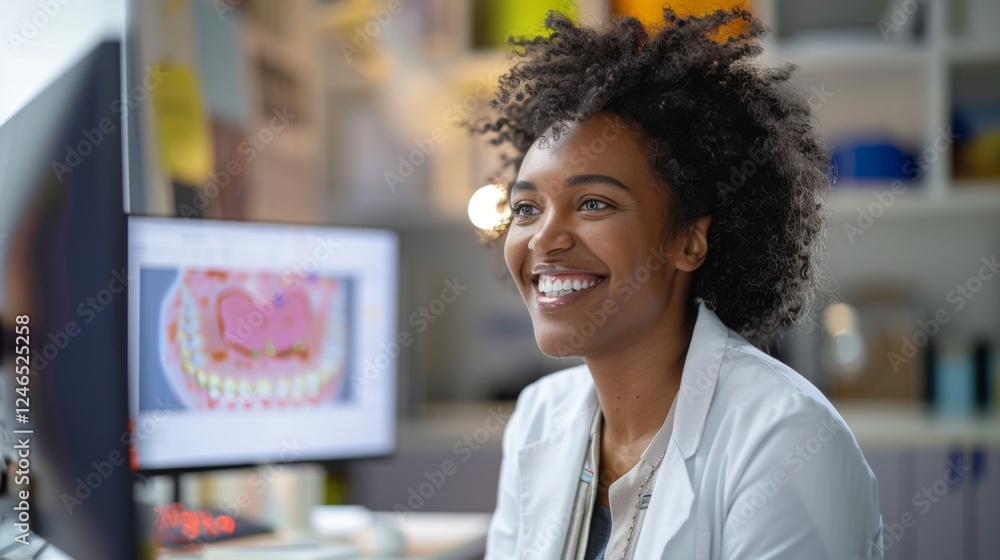 Poster a cheerful professional sits at a desk in a contemporary office. she enjoys her work while looking a