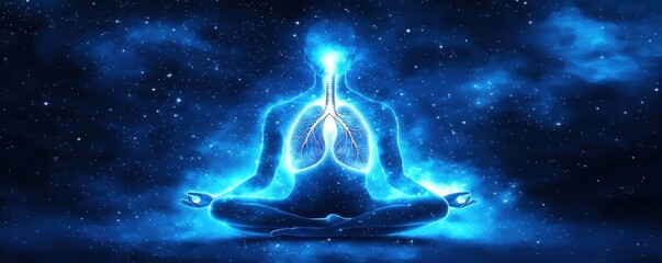 A glowing figure meditating in a cosmic space, symbolizing inner peace and connection to the universe with blue light radiating.