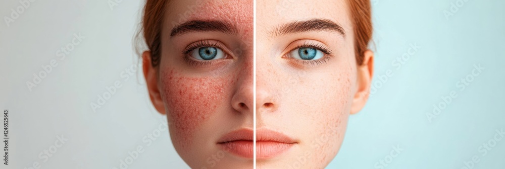 Leinwandbilder comparison of skin conditions with acne redness on one side and smooth glowing skin on the other wit