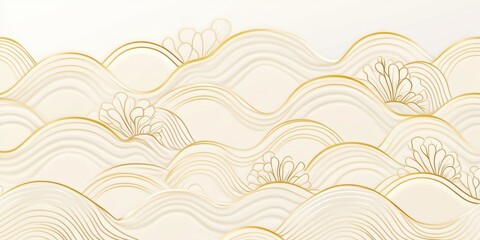 Elegant abstract waves with gold lines and floral elements in a cream background