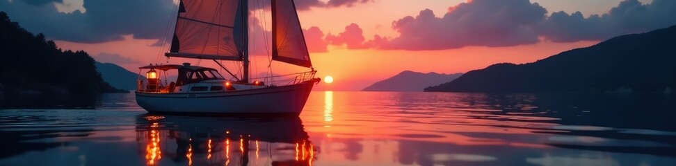 Fototapeta premium Warm lantern light on a small sailboat in the evening, calm, sunset