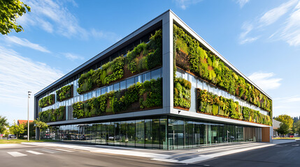 Obraz premium Modern office building with thriving vertical garden exterior evokes environmental friendliness and sustainability