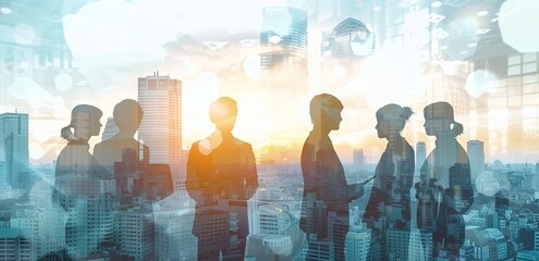 Double exposure of a diverse group of business professionals with a light blue cityscape backdrop. Abstract business concept blending urban environment with people, with soft light rays and shadow