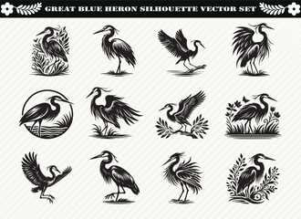Great Blue Heron Silhouette Vector Set