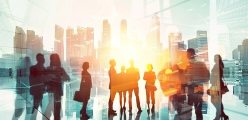 Double exposure of a diverse group of business professionals with a light blue cityscape backdrop. Abstract business concept blending urban environment with people, with soft light rays and shadow