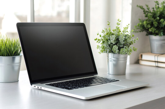 Modern laptop with blank screen sitting on desk with plants and books, ideal workspace for working from home or studying