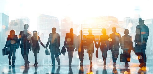 Double exposure of a diverse group of business professionals with a light blue cityscape backdrop. Abstract business concept blending urban environment with people, with soft light rays and shadow