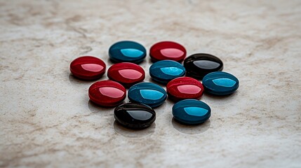 Colorful round game pieces scattered on a marble surface, creating a playful atmosphere