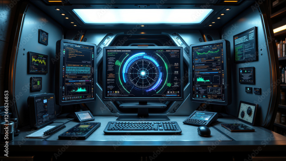 Poster a futuristic industrial control room with a variety of screens displaying data and graphs.