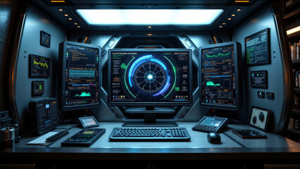 Fototapeta premium A futuristic industrial control room with a variety of screens displaying data and graphs.