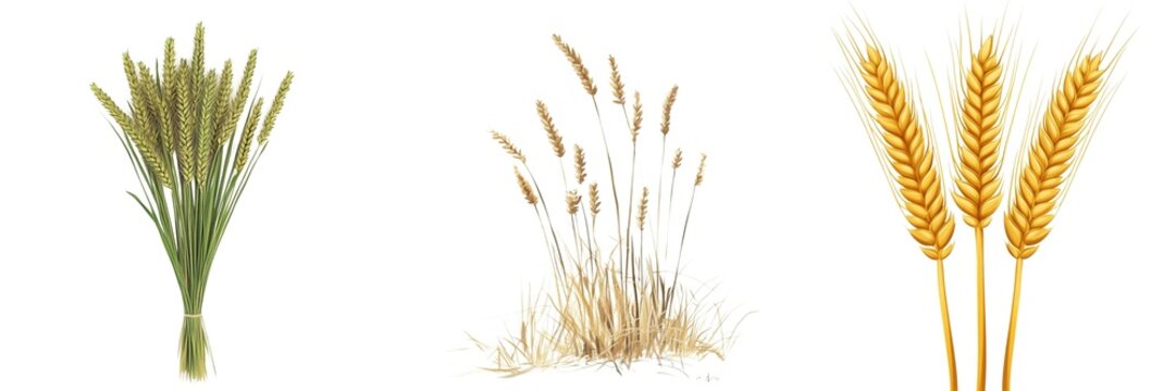 Fototapeta A collection of different types of wheat showcasing their vibrant green, golden, and dry textures, perfect for agricultural and nature-themed projects. Copy space for text