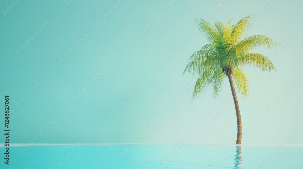 Poster tropical beach with coconut palm overlooking turquoise water creates a serene escape for relaxation 