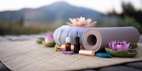 Serene Yoga Session Essential Oils Mat Lotus Flowers Outdoors