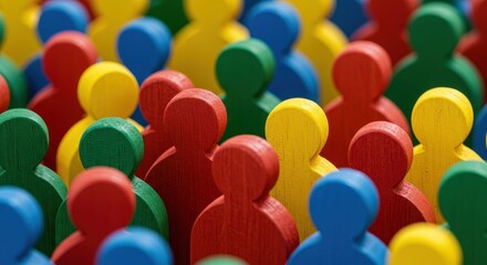 A close-up view of multicolored wooden cutouts in the shape of human figures densely arranged to form a crowd