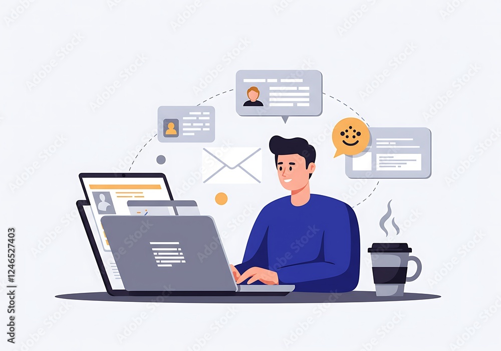Poster man working on laptop with multiple online tasks