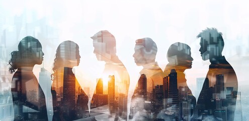 Double exposure of a diverse group of business professionals with a light blue cityscape backdrop. Abstract business concept blending urban environment with people, with soft light rays and shadow